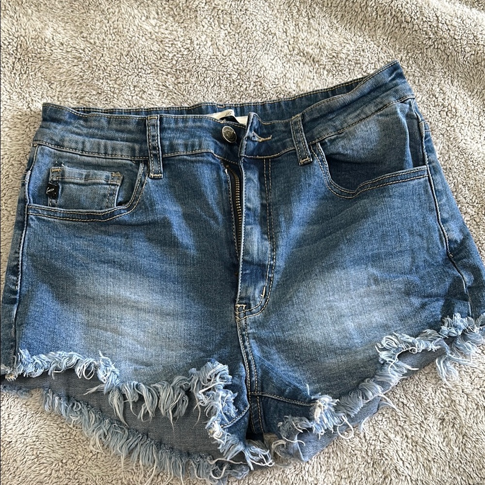 KanCan Blue Frayed Hem Jean Shorts